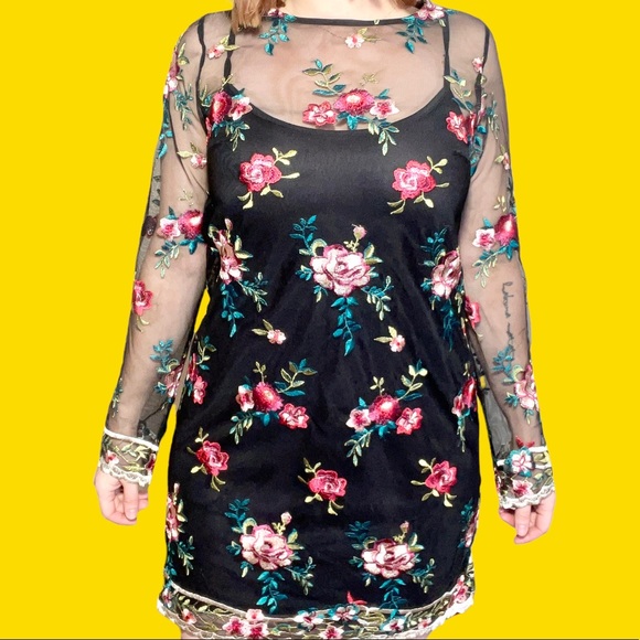 Xhilaration Embroidered Flower Sheer Dress - Picture 1 of 10